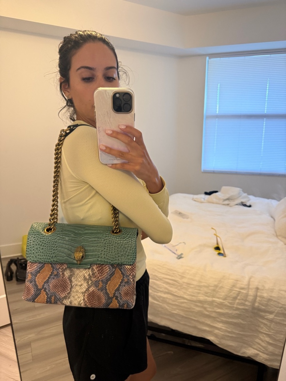 Kurt Geiger Mint Green and Neutral Snake-Print Shoulder Bag with Gold Chain